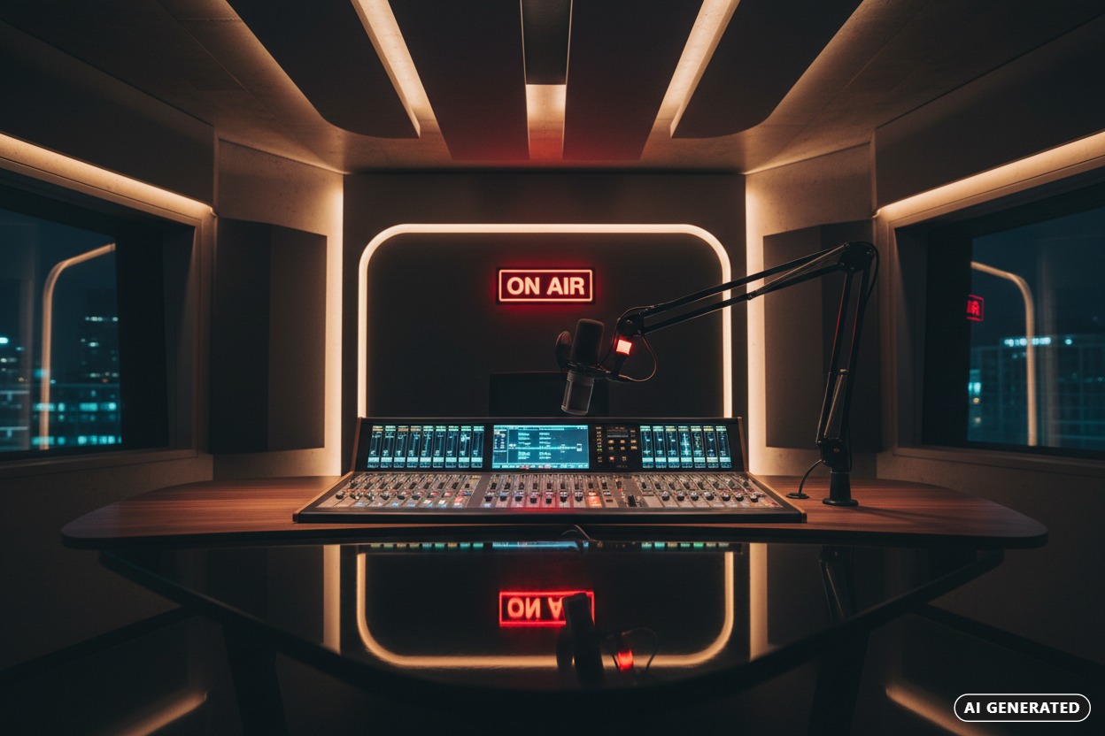 AI Generated: A professional radio studio features a mixing console and microphone set against a wall with an illuminated "ON AIR" sign.